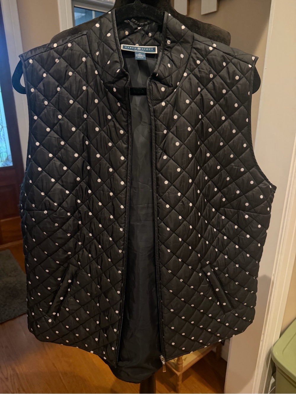 Karen Scott Black Quilted Vest with White Dot Print